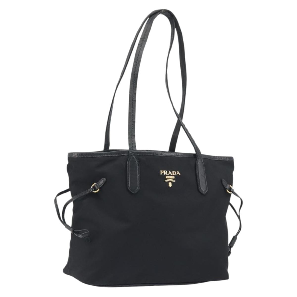 PRADA Tote Bag Nylon Black Gold Tone Auth 198624