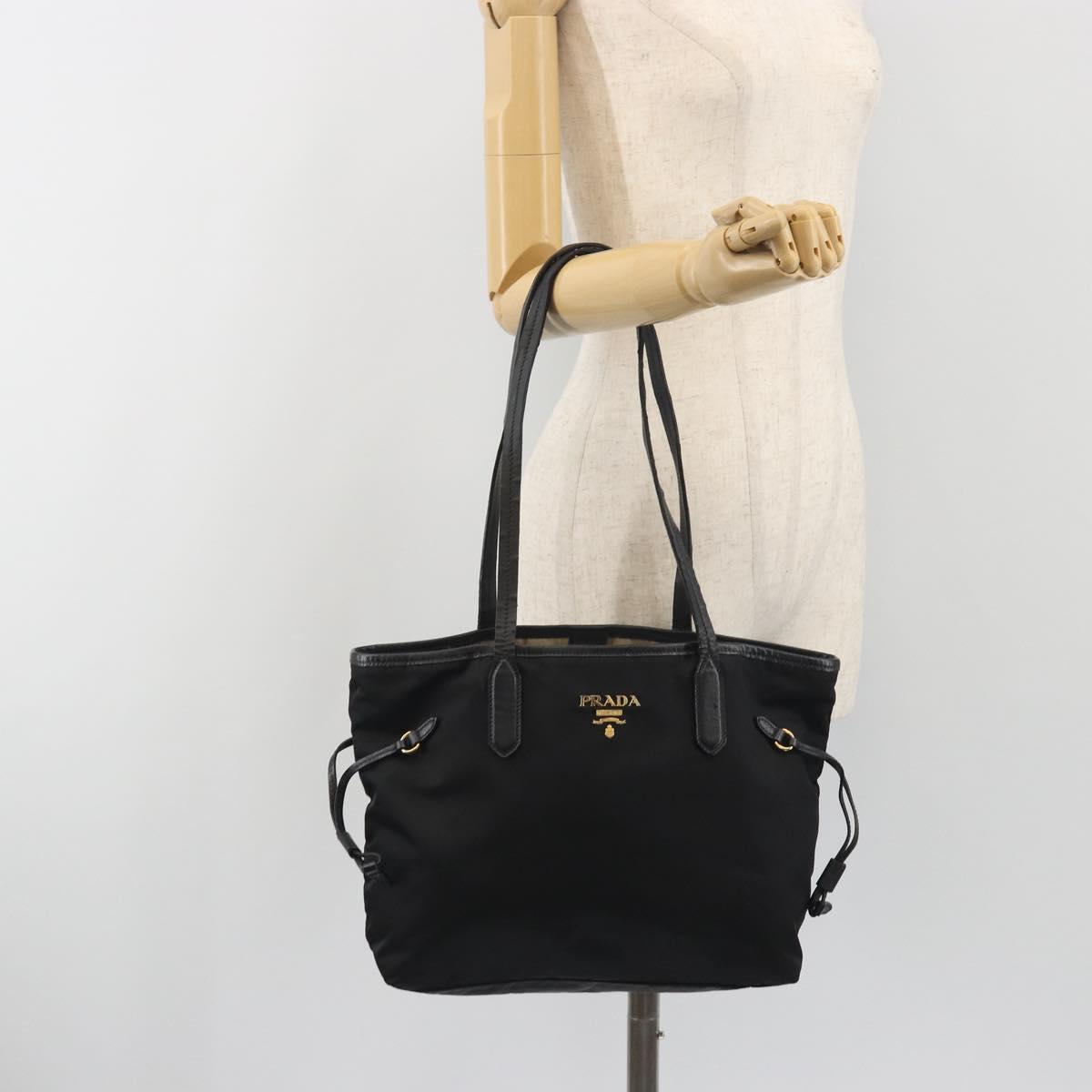 PRADA Tote Bag Nylon Black Gold Tone Auth 198624