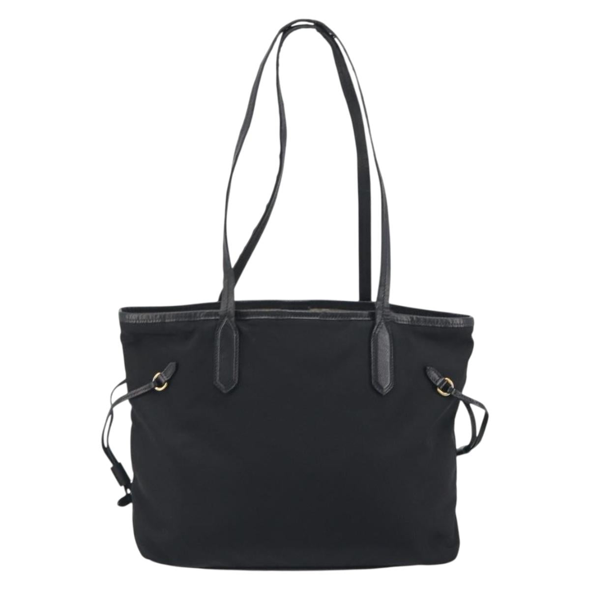 PRADA Tote Bag Nylon Black Gold Tone Auth 198624