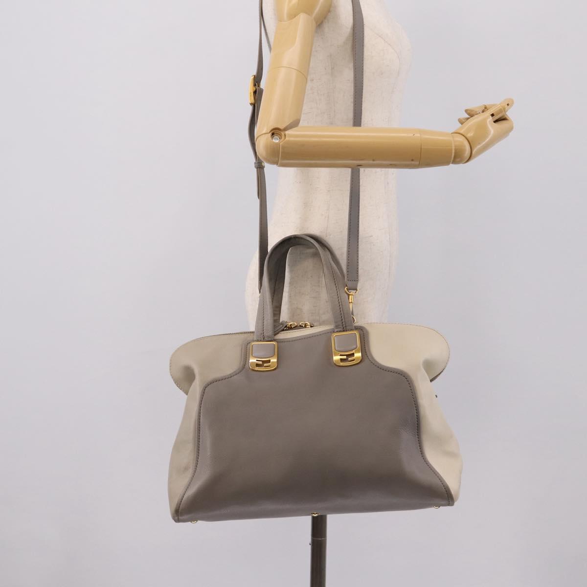 FENDI Chameleon Hand Bag Leather 2way Gray Gold Tone 8BL110 Auth 198625A