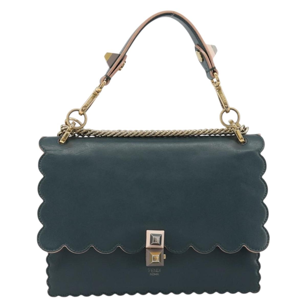 FENDI Canay Chain Shoulder Bag Leather 2way Green Gold Tone 8BT283 Auth 198639