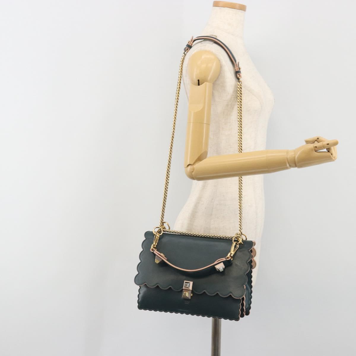 FENDI Canay Chain Shoulder Bag Leather 2way Green Gold Tone 8BT283 Auth 198639
