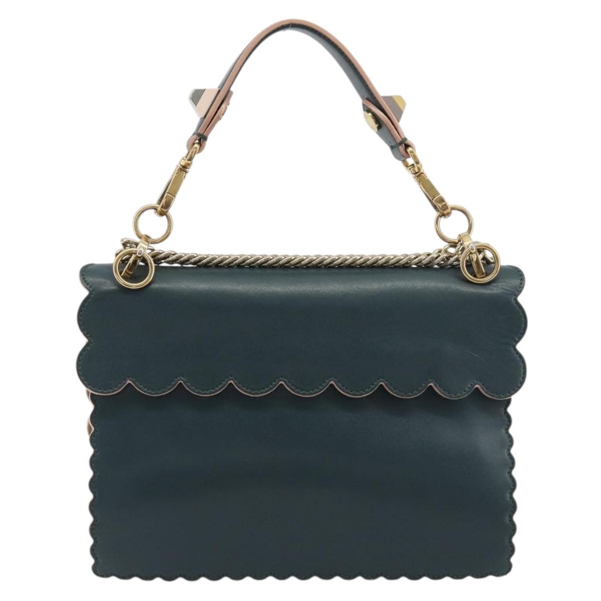FENDI Canay Chain Shoulder Bag Leather 2way Green Gold Tone 8BT283 Auth 198639