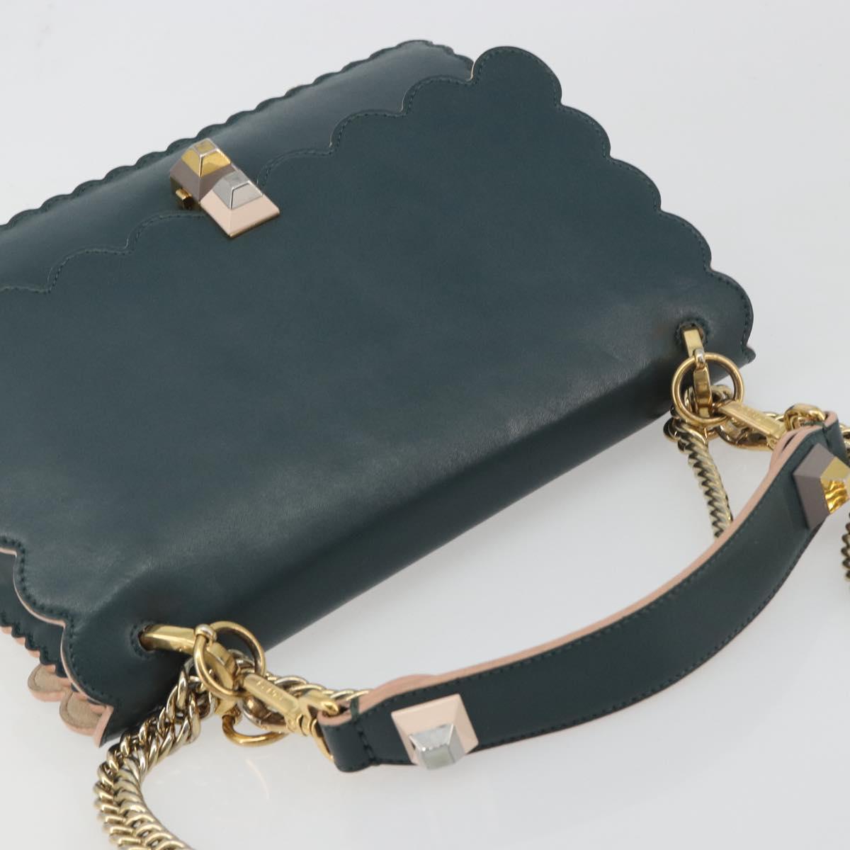 FENDI Canay Chain Shoulder Bag Leather 2way Green Gold Tone 8BT283 Auth 198639