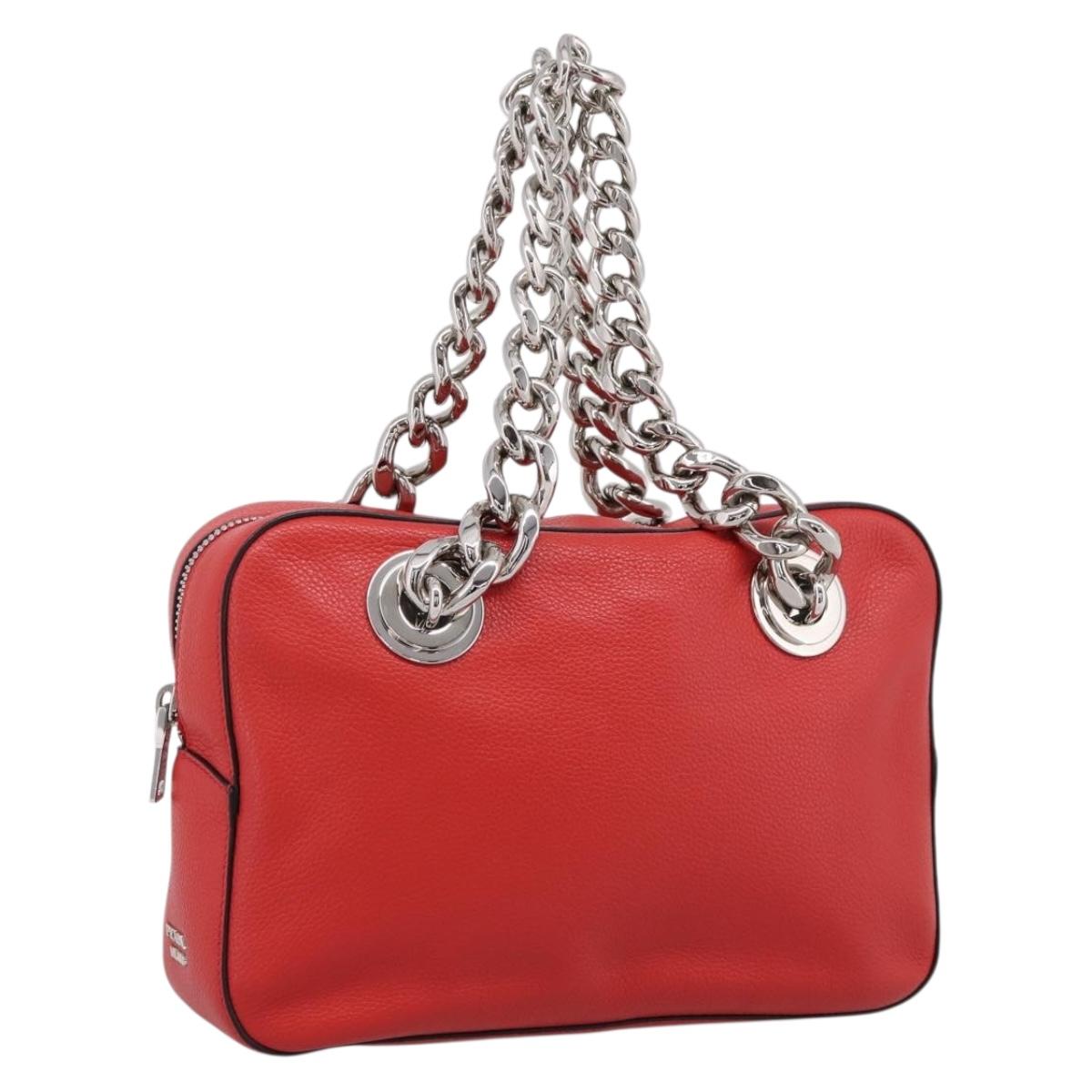 PRADA Chain Hand Bag Leather Red Silver Auth 198640V