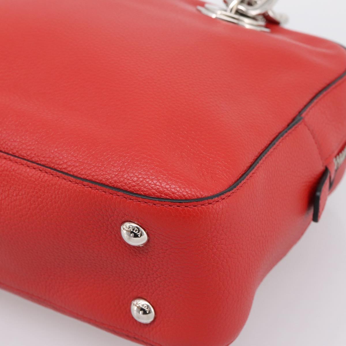 PRADA Chain Hand Bag Leather Red Silver Auth 198640V