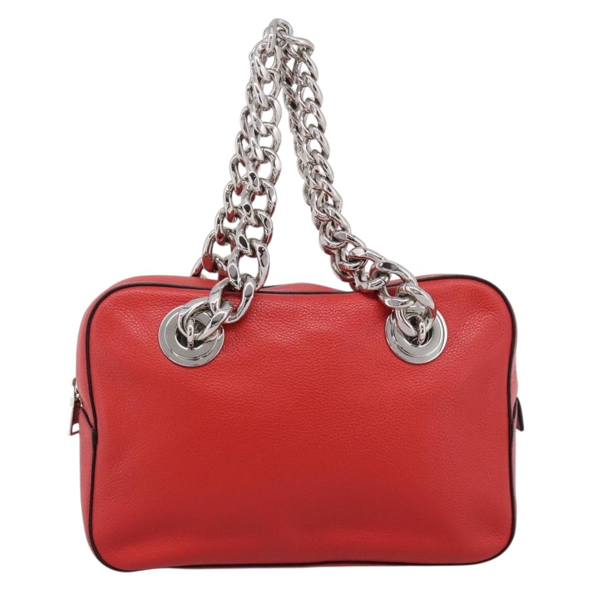 PRADA Chain Hand Bag Leather Red Silver Auth 198640V