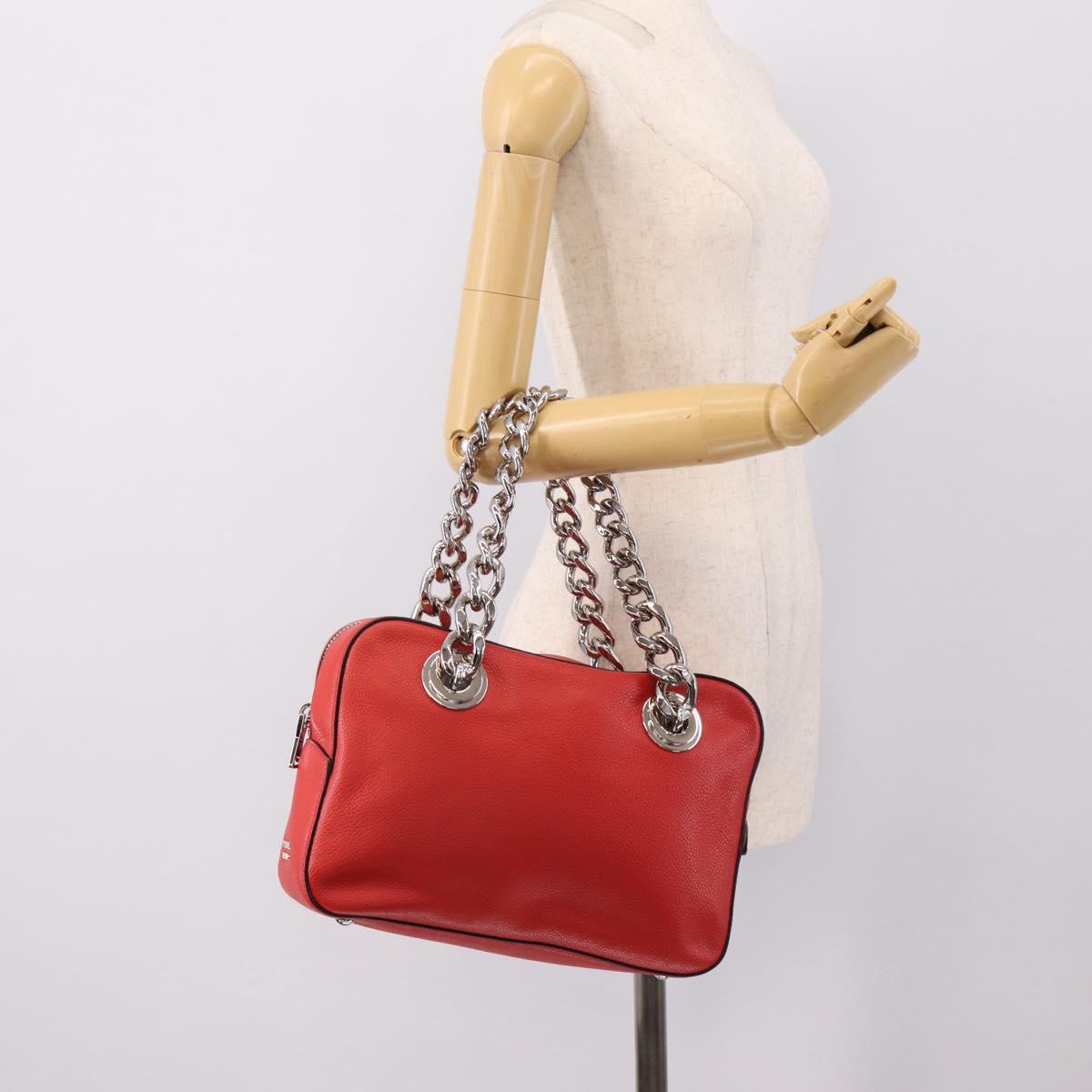 PRADA Chain Hand Bag Leather Red Silver Auth 198640V