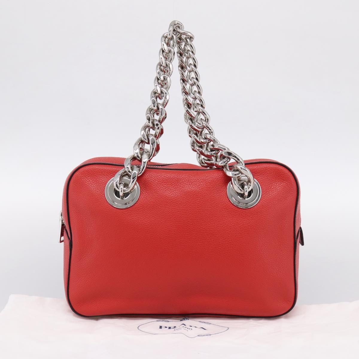 PRADA Chain Hand Bag Leather Red Silver Auth 198640V