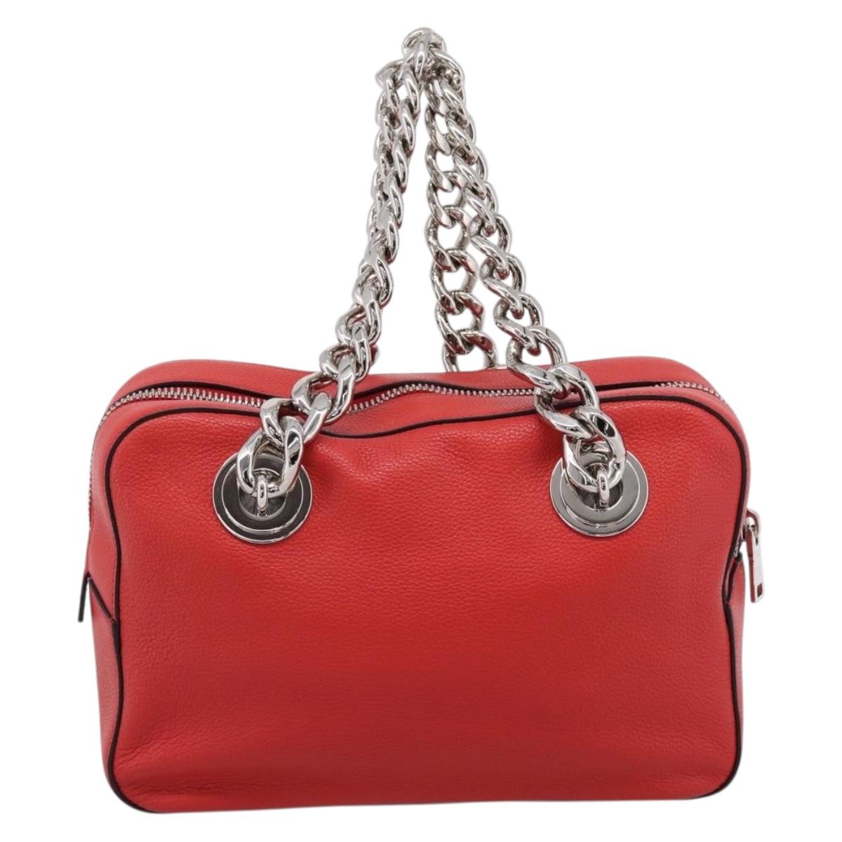 PRADA Chain Hand Bag Leather Red Silver Auth 198640V