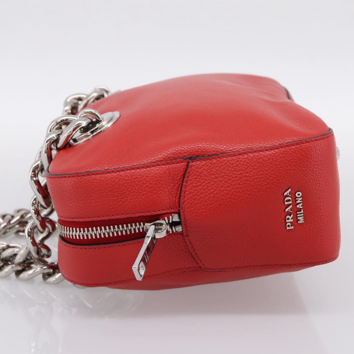 PRADA Chain Hand Bag Leather Red Silver Auth 198640V
