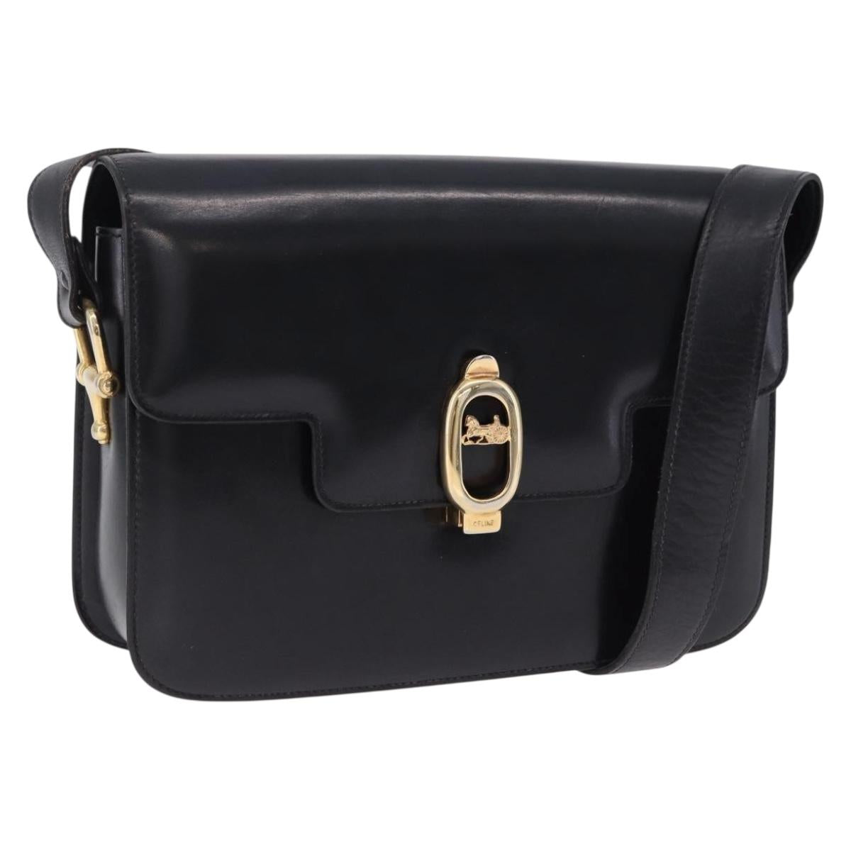 CELINE Horse Carriage Shoulder Bag Leather Black Gold Tone Auth 198641