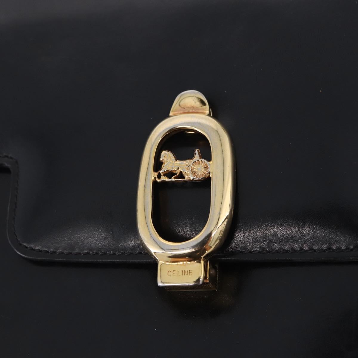 CELINE Horse Carriage Shoulder Bag Leather Black Gold Tone Auth 198641