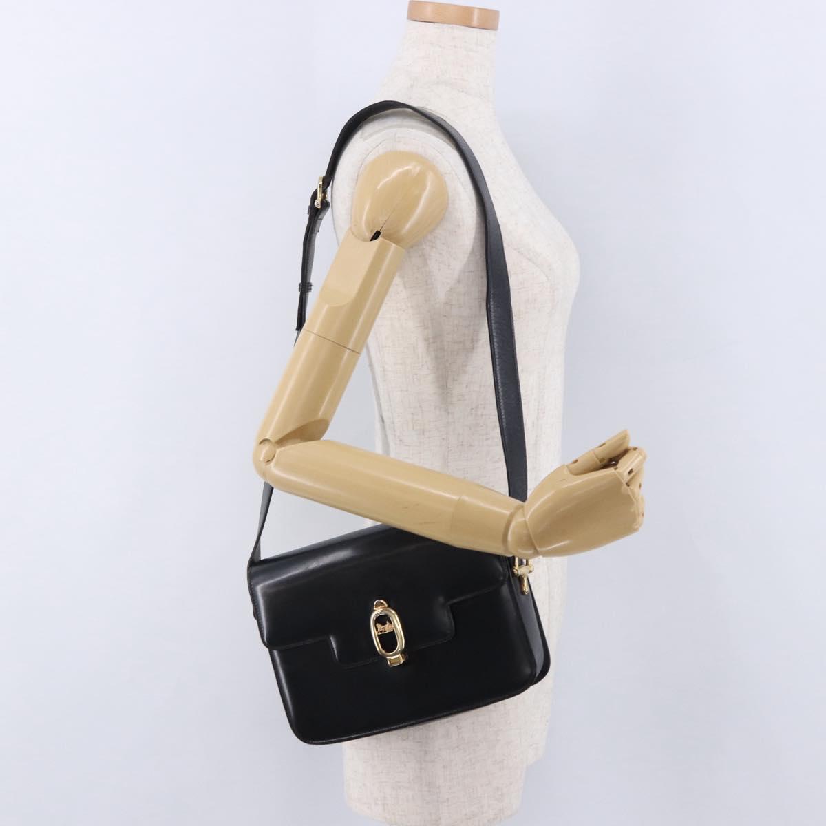 CELINE Horse Carriage Shoulder Bag Leather Black Gold Tone Auth 198641