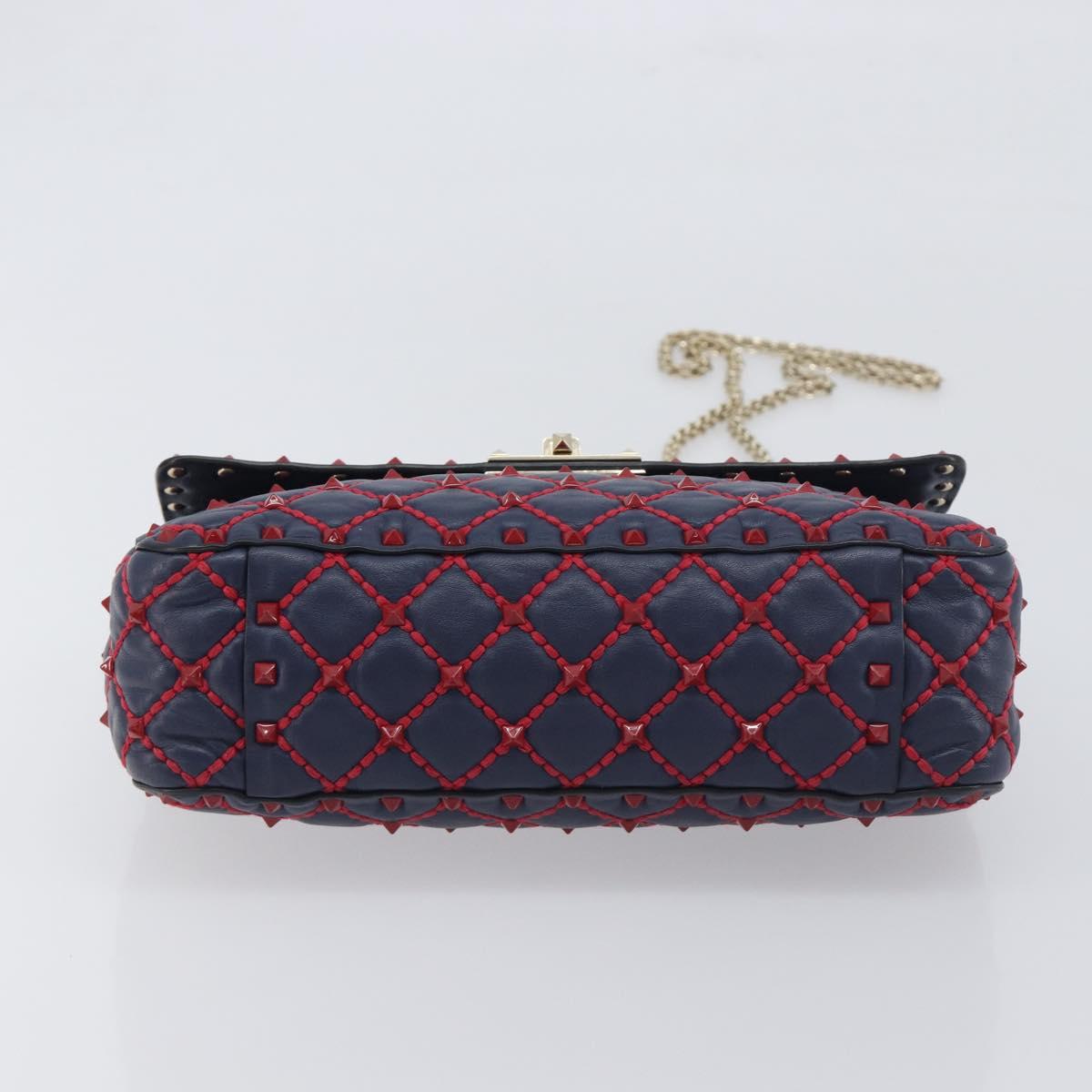 VALENTINO Rock Studs Chain Shoulder Bag Leather 2way Navy Gold Auth 198645M