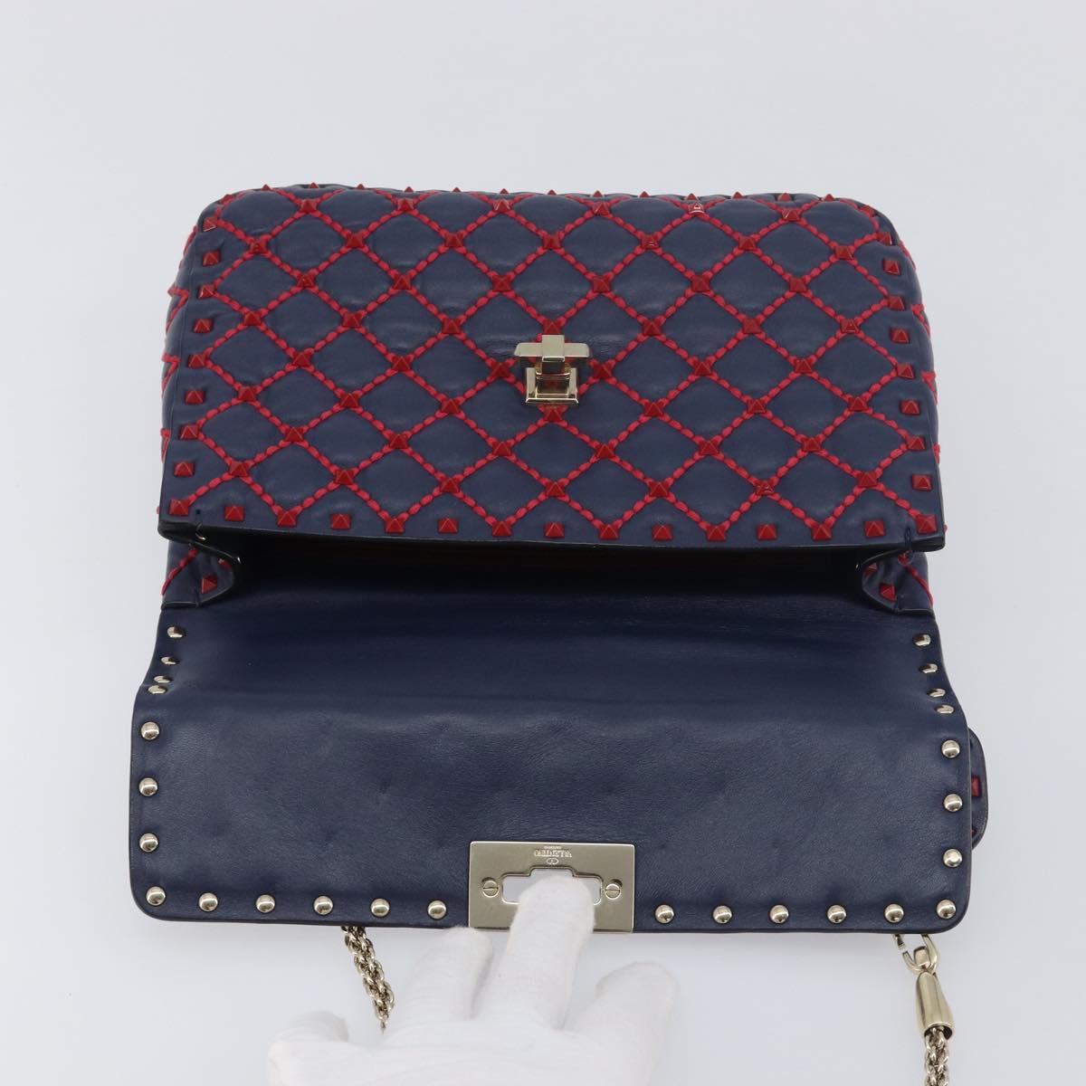 VALENTINO Rock Studs Chain Shoulder Bag Leather 2way Navy Gold Auth 198645M