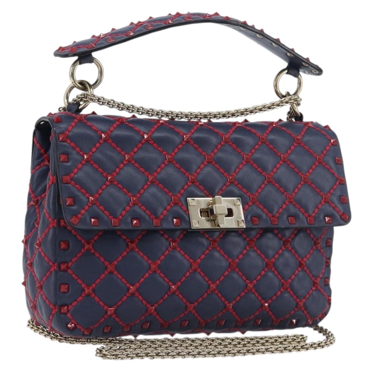 VALENTINO Rock Studs Chain Shoulder Bag Leather 2way Navy Gold Auth 198645M