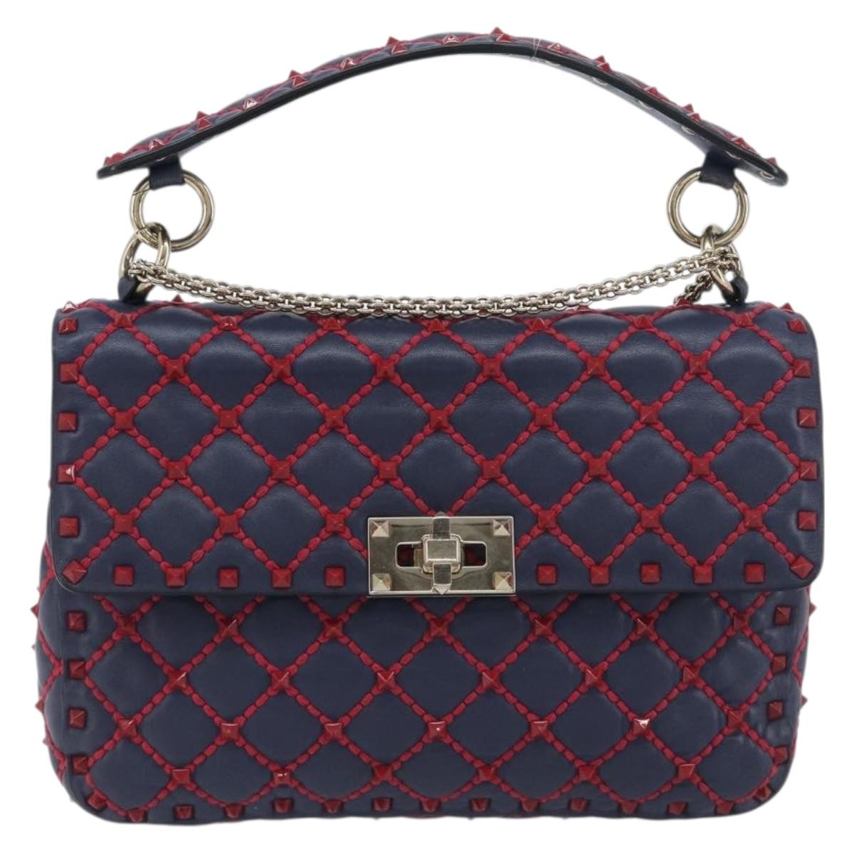 VALENTINO Rock Studs Chain Shoulder Bag Leather 2way Navy Gold Auth 198645M