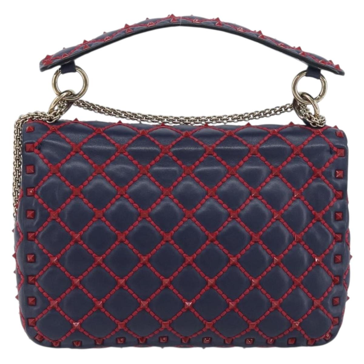 VALENTINO Rock Studs Chain Shoulder Bag Leather 2way Navy Gold Auth 198645M