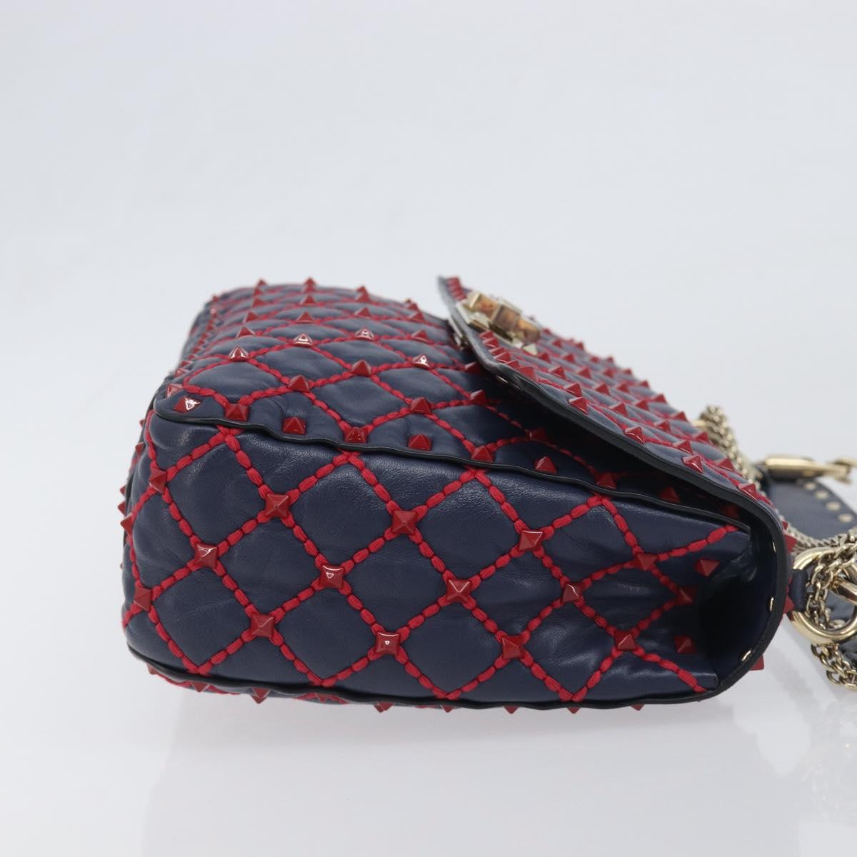VALENTINO Rock Studs Chain Shoulder Bag Leather 2way Navy Gold Auth 198645M