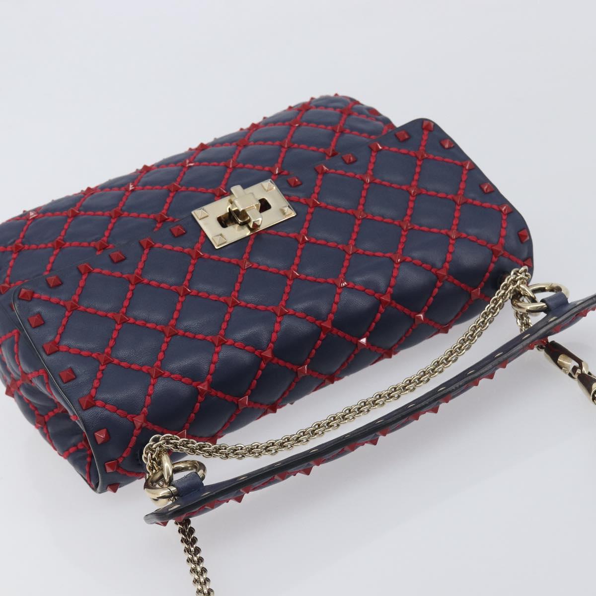 VALENTINO Rock Studs Chain Shoulder Bag Leather 2way Navy Gold Auth 198645M
