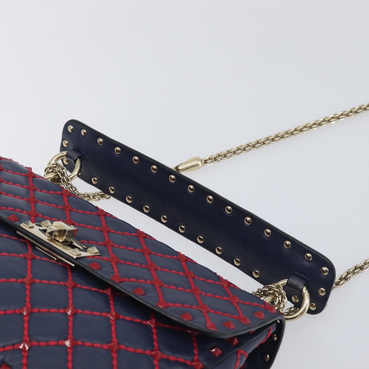VALENTINO Rock Studs Chain Shoulder Bag Leather 2way Navy Gold Auth 198645M
