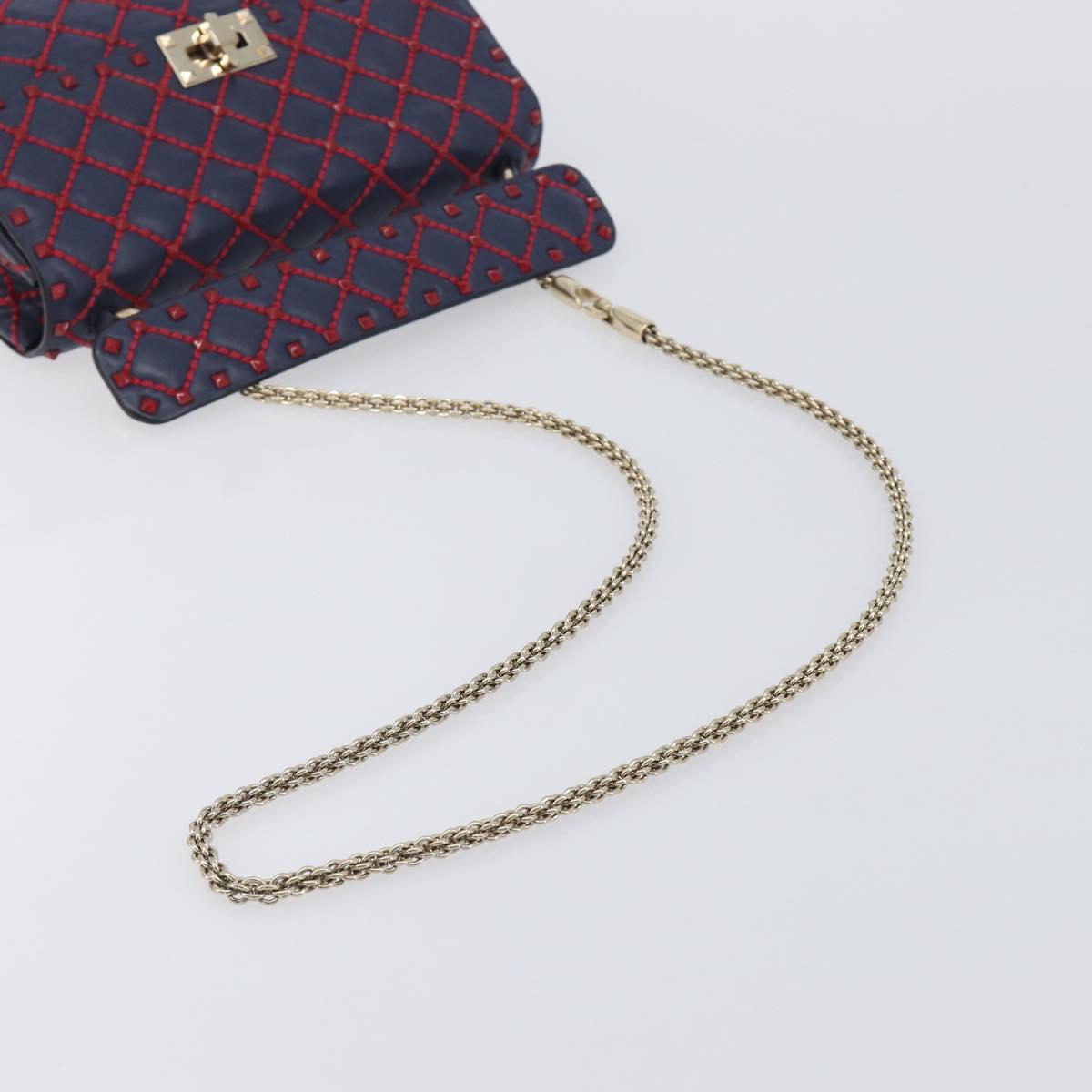 VALENTINO Rock Studs Chain Shoulder Bag Leather 2way Navy Gold Auth 198645M