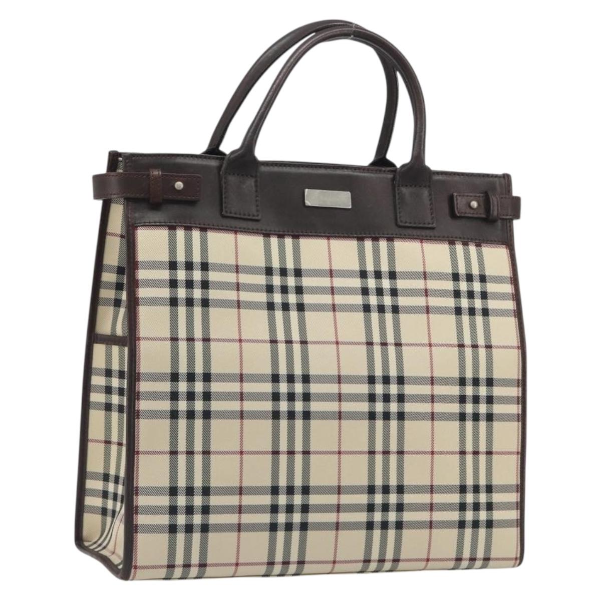 BURBERRY Nova Check Hand Bag Canvas Beige Silver Auth 198650