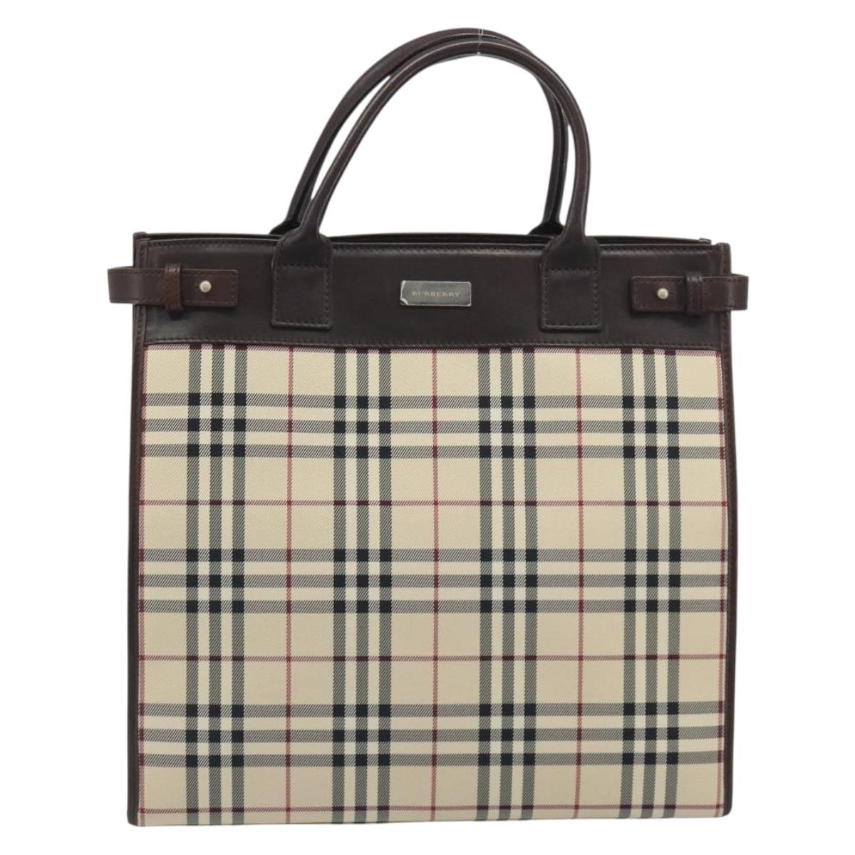 BURBERRY Nova Check Hand Bag Canvas Beige Silver Auth 198650