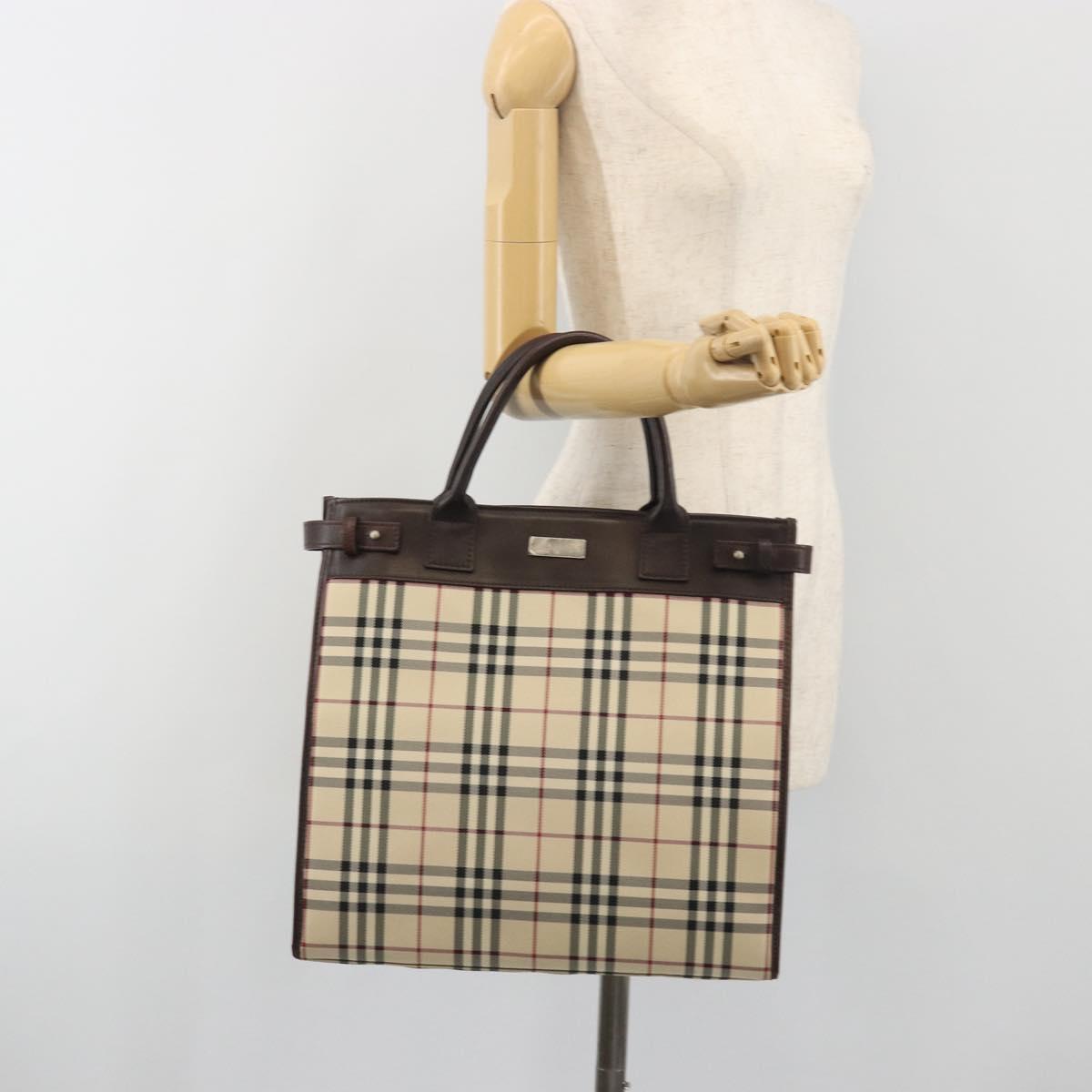 BURBERRY Nova Check Hand Bag Canvas Beige Silver Auth 198650