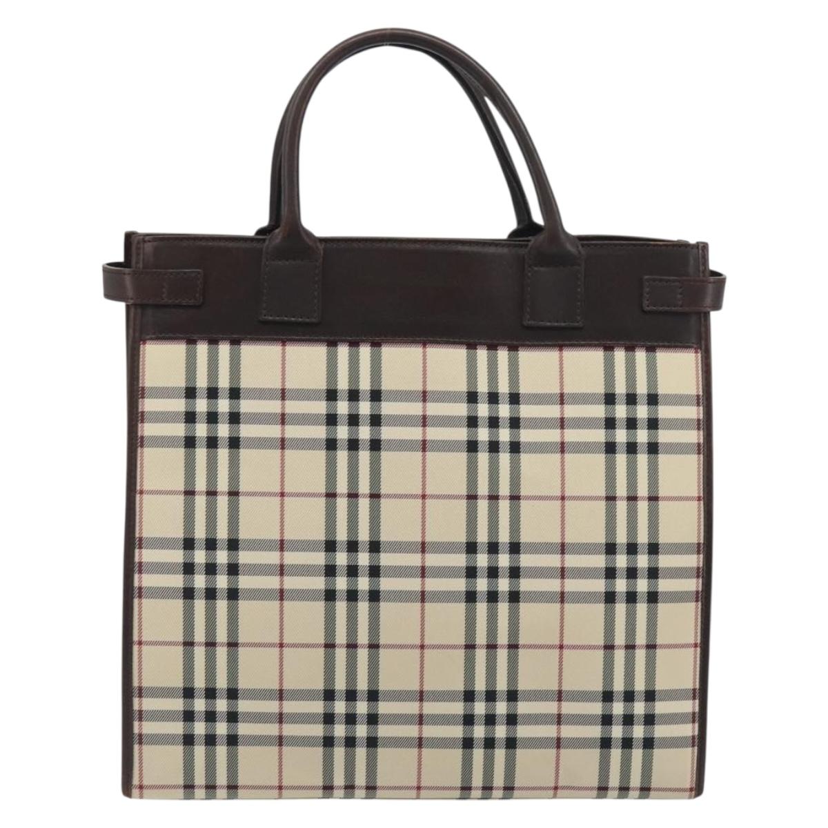 BURBERRY Nova Check Hand Bag Canvas Beige Silver Auth 198650
