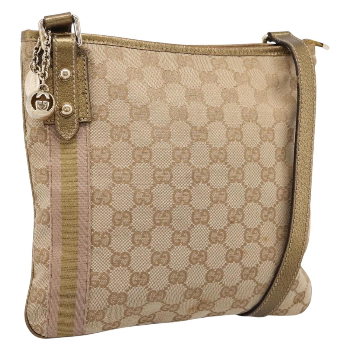 GUCCI GG Canvas Sherry Line Shoulder Bag Beige Gold Tone 144388 Auth 198655