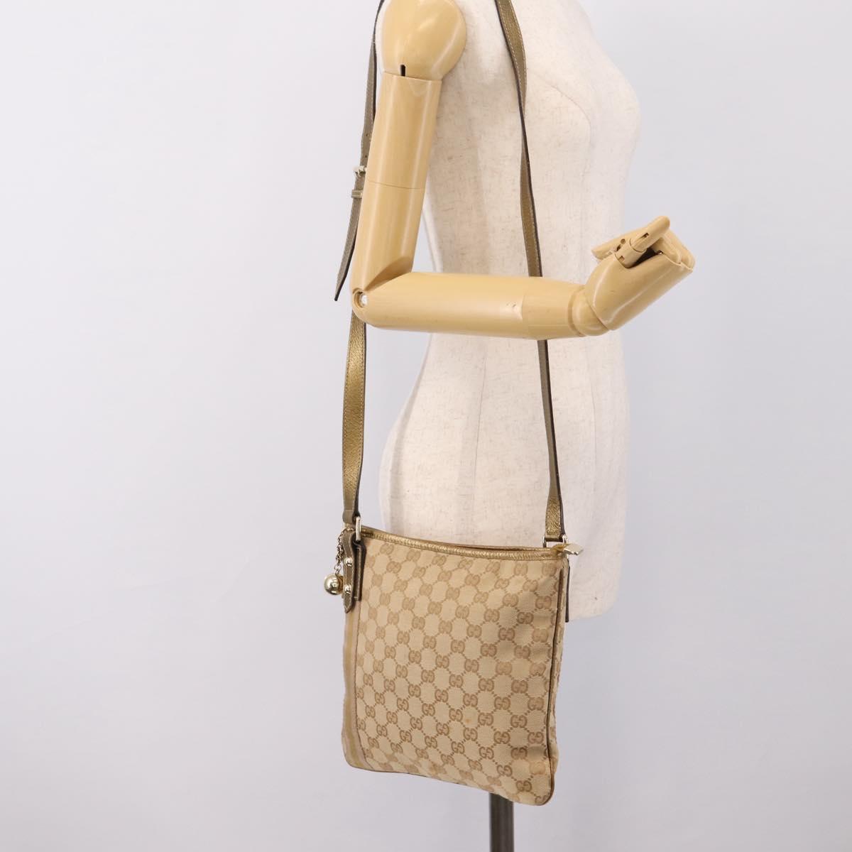 GUCCI GG Canvas Sherry Line Shoulder Bag Beige Gold Tone 144388 Auth 198655