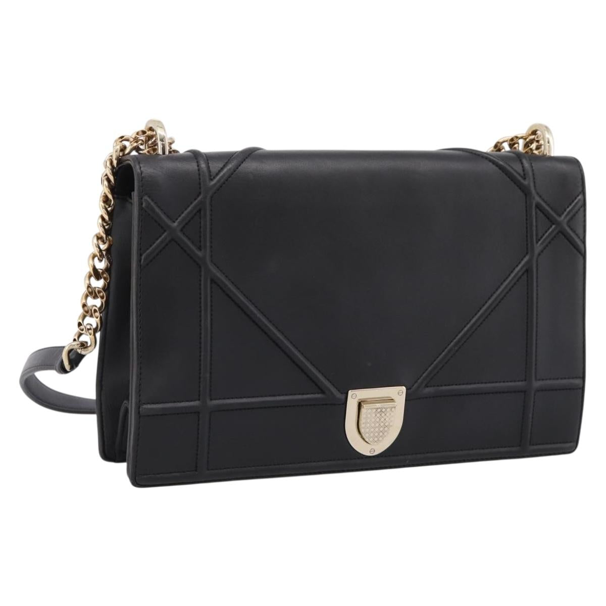 Christian Dior Diorama Chain Shoulder Bag Leather Black Gold Tone Auth 198661A