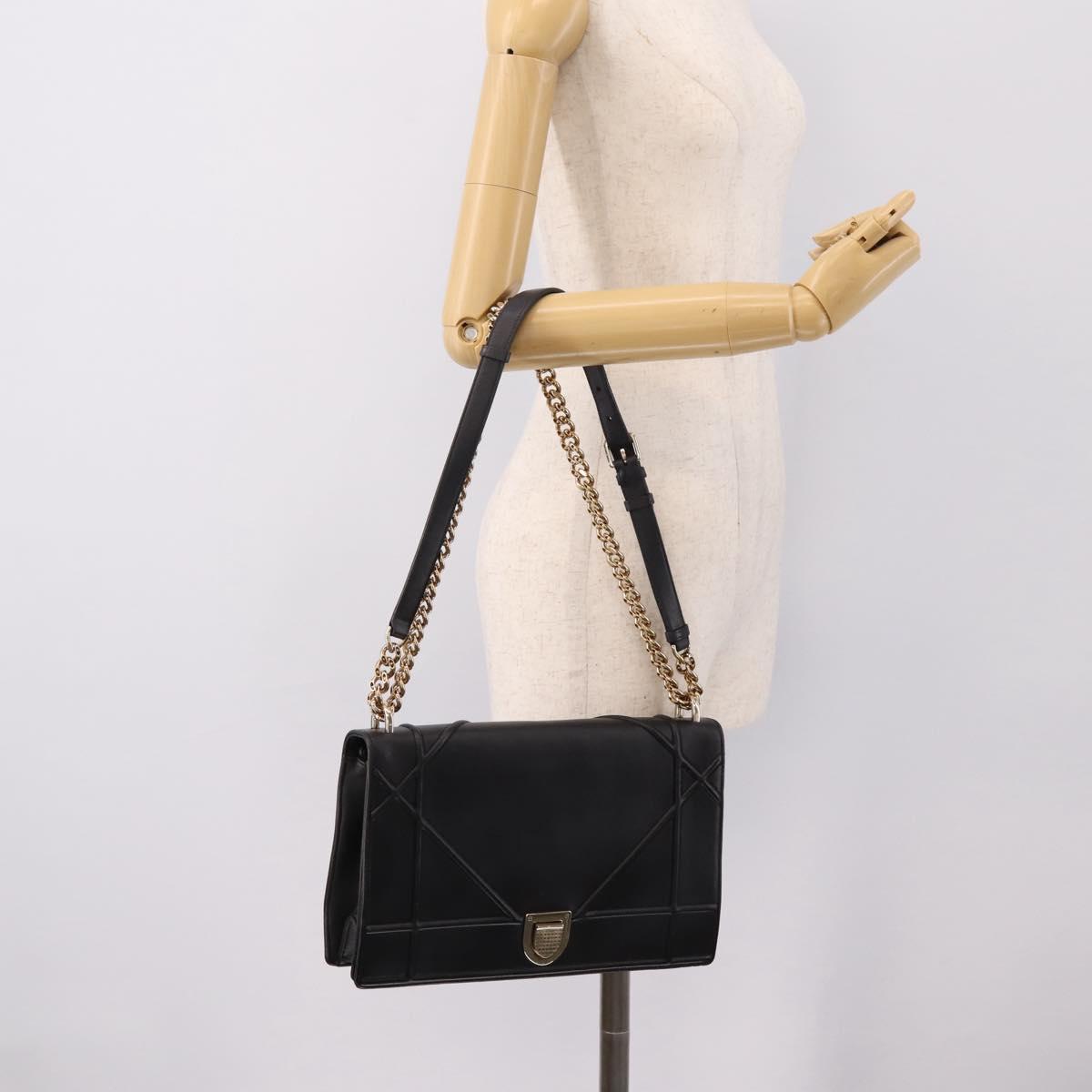 Christian Dior Diorama Chain Shoulder Bag Leather Black Gold Tone Auth 198661A