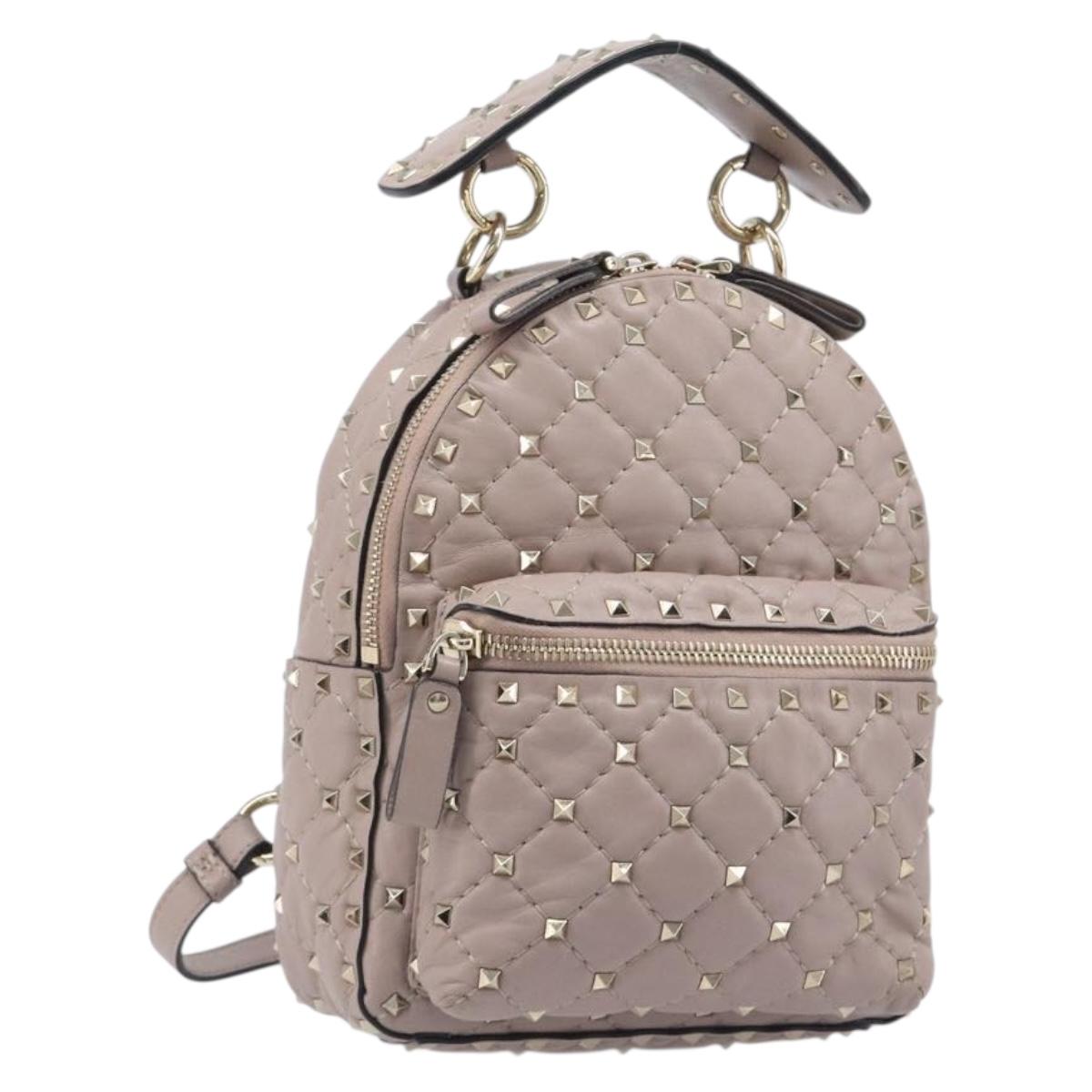 VALENTINO Rock studs Backpack Leather Beige Gold Tone Auth 198673M