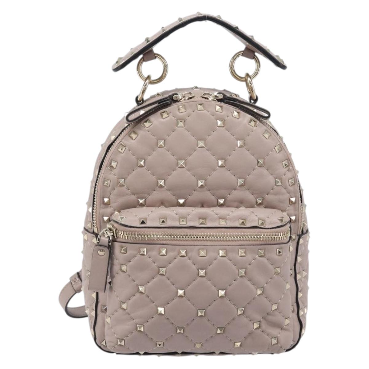 VALENTINO Rock studs Backpack Leather Beige Gold Tone Auth 198673M