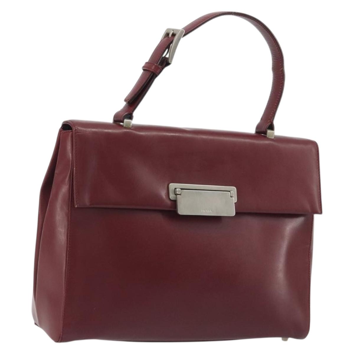 PRADA Hand Bag Leather Bordeaux Silver Auth 198674