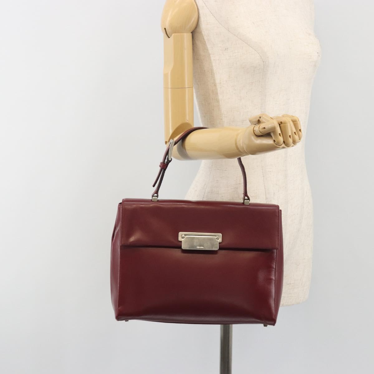 PRADA Hand Bag Leather Bordeaux Silver Auth 198674