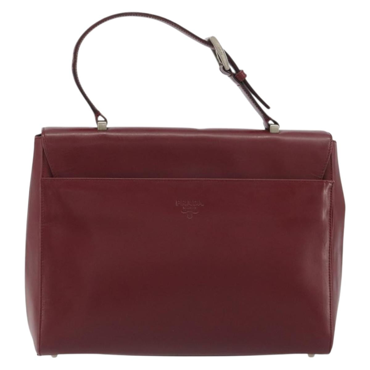 PRADA Hand Bag Leather Bordeaux Silver Auth 198674