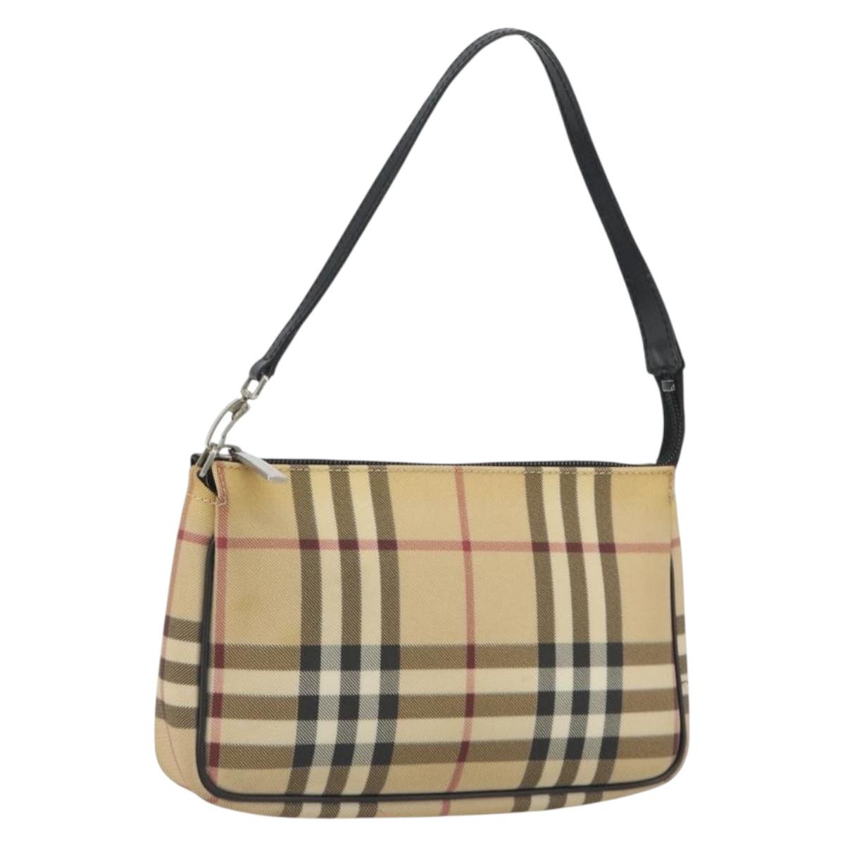 BURBERRY Nova Check Accessory Pouch PVC Leather Beige Silver Auth 198675A