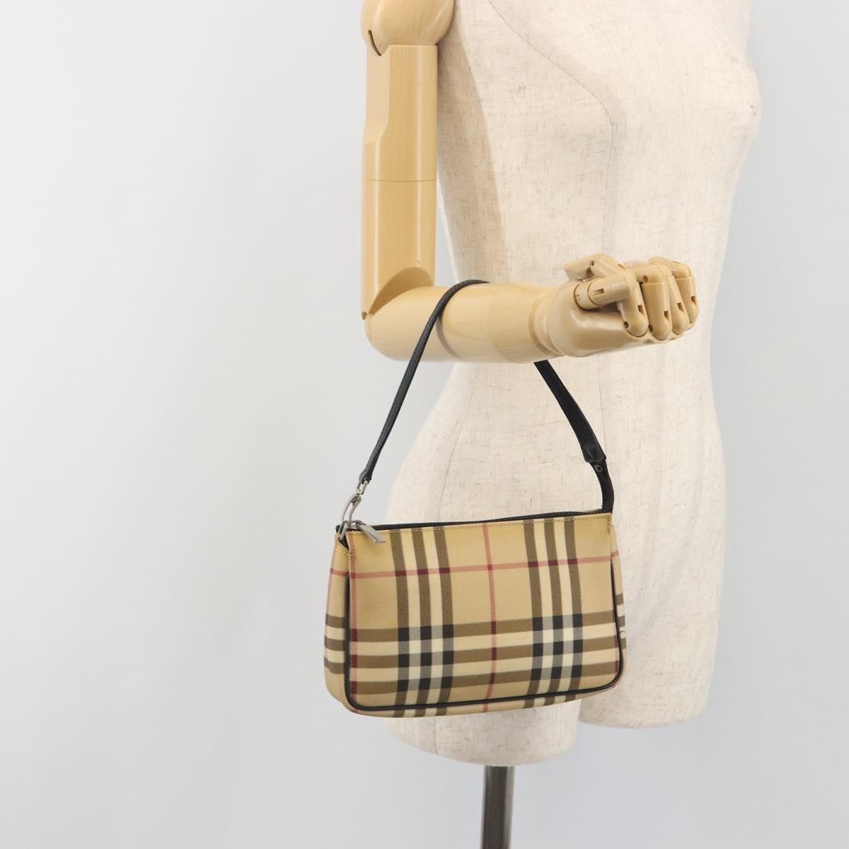 BURBERRY Nova Check Accessory Pouch PVC Leather Beige Silver Auth 198675A