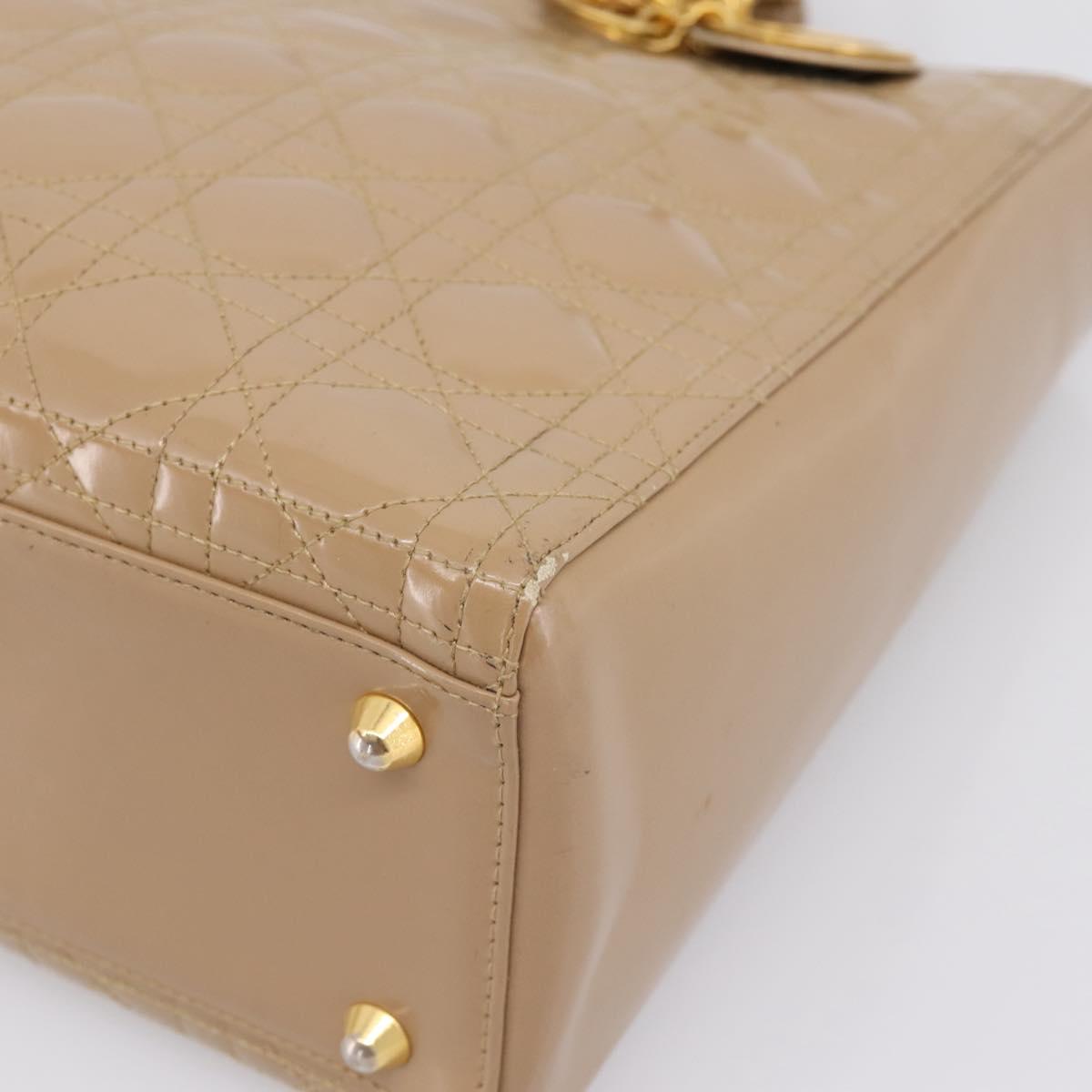 Christian Dior Cannage Lady Dior Large Hand Bag Patent Beige Gold Auth 198677A