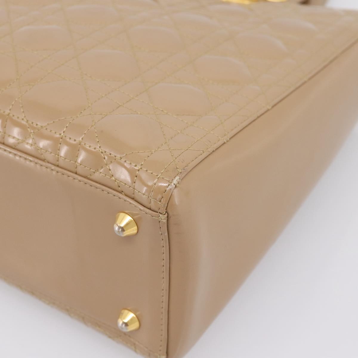Christian Dior Cannage Lady Dior Large Hand Bag Patent Beige Gold Auth 198677A
