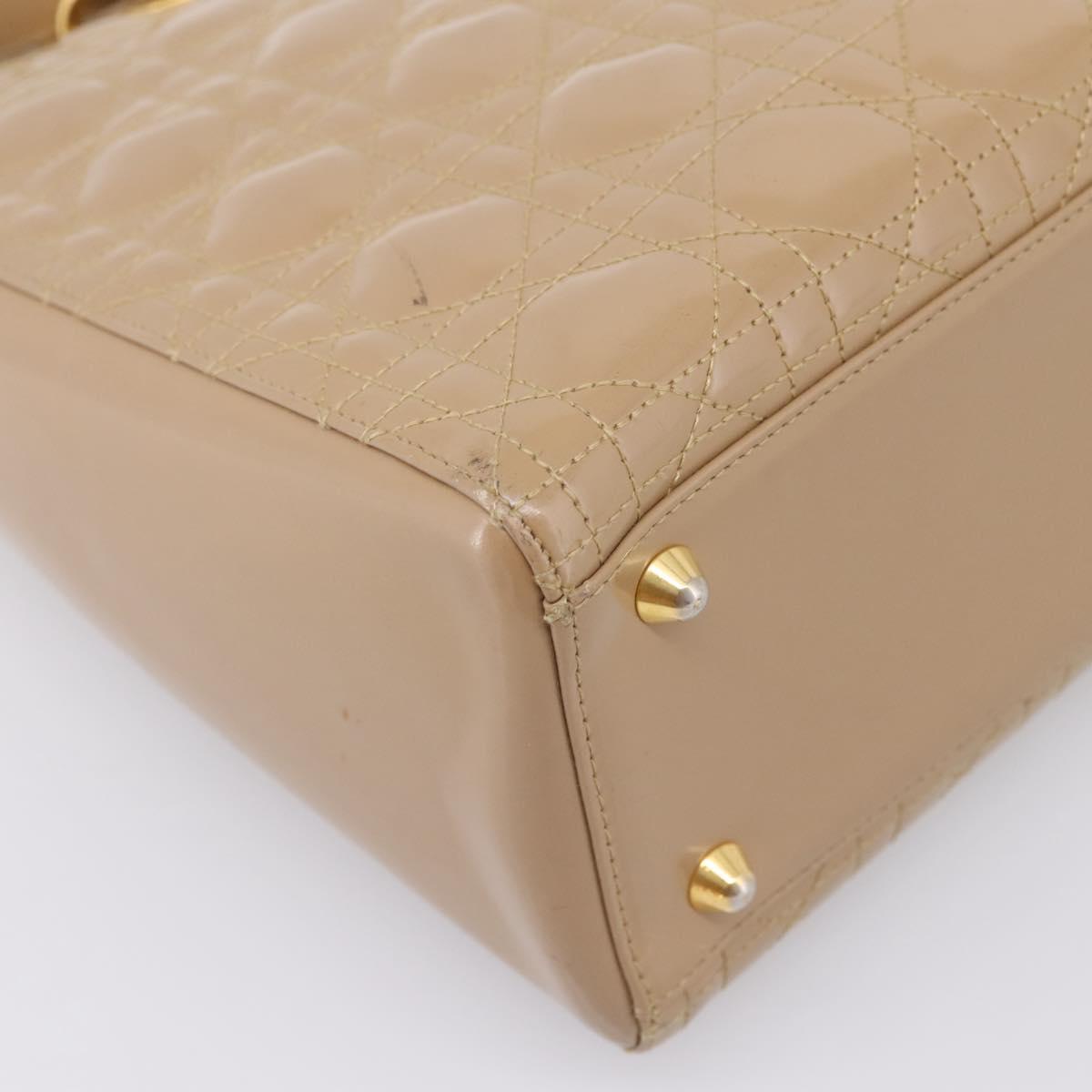 Christian Dior Cannage Lady Dior Large Hand Bag Patent Beige Gold Auth 198677A