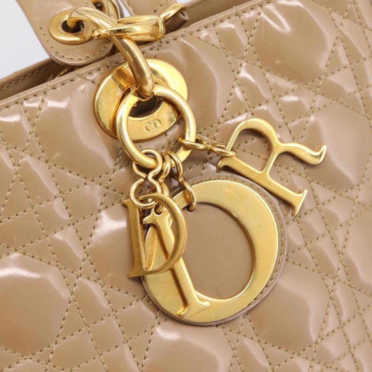Christian Dior Cannage Lady Dior Large Hand Bag Patent Beige Gold Auth 198677A