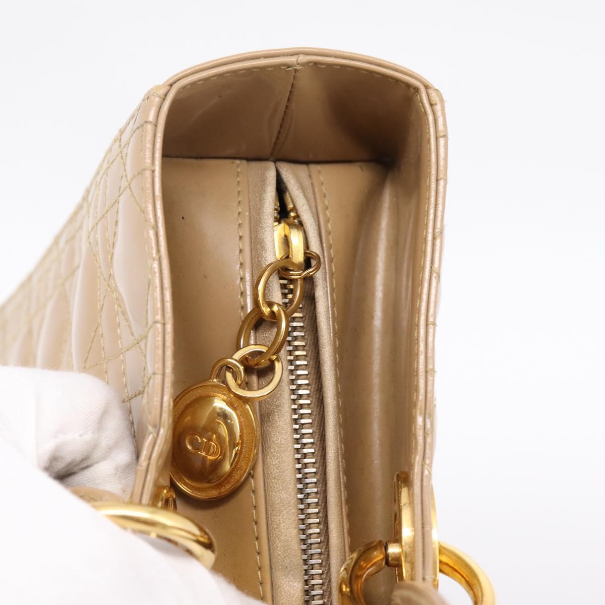 Christian Dior Cannage Lady Dior Large Hand Bag Patent Beige Gold Auth 198677A