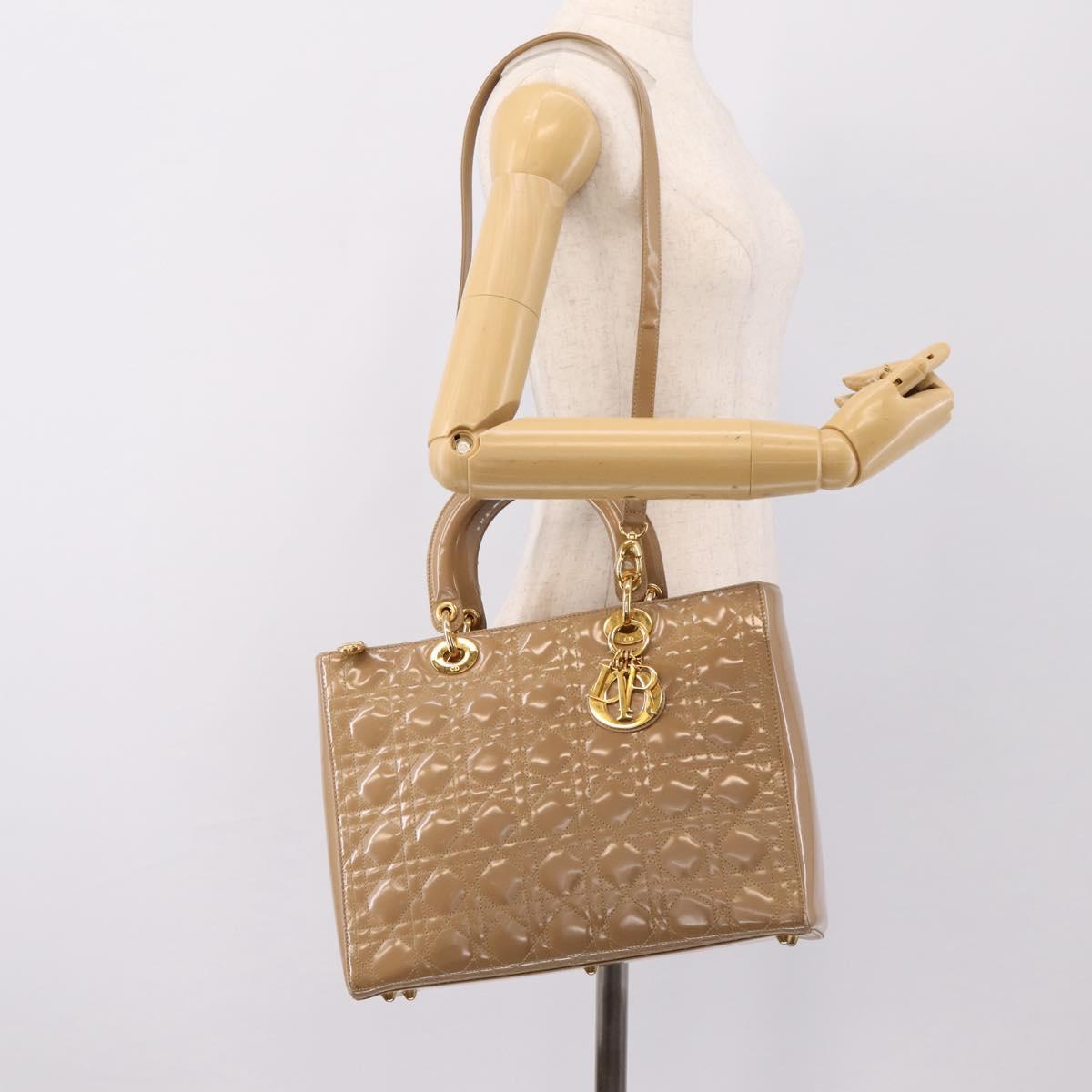 Christian Dior Cannage Lady Dior Large Hand Bag Patent Beige Gold Auth 198677A