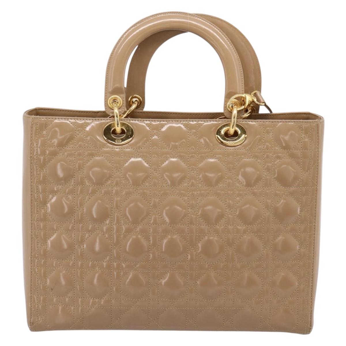 Christian Dior Cannage Lady Dior Large Hand Bag Patent Beige Gold Auth 198677A