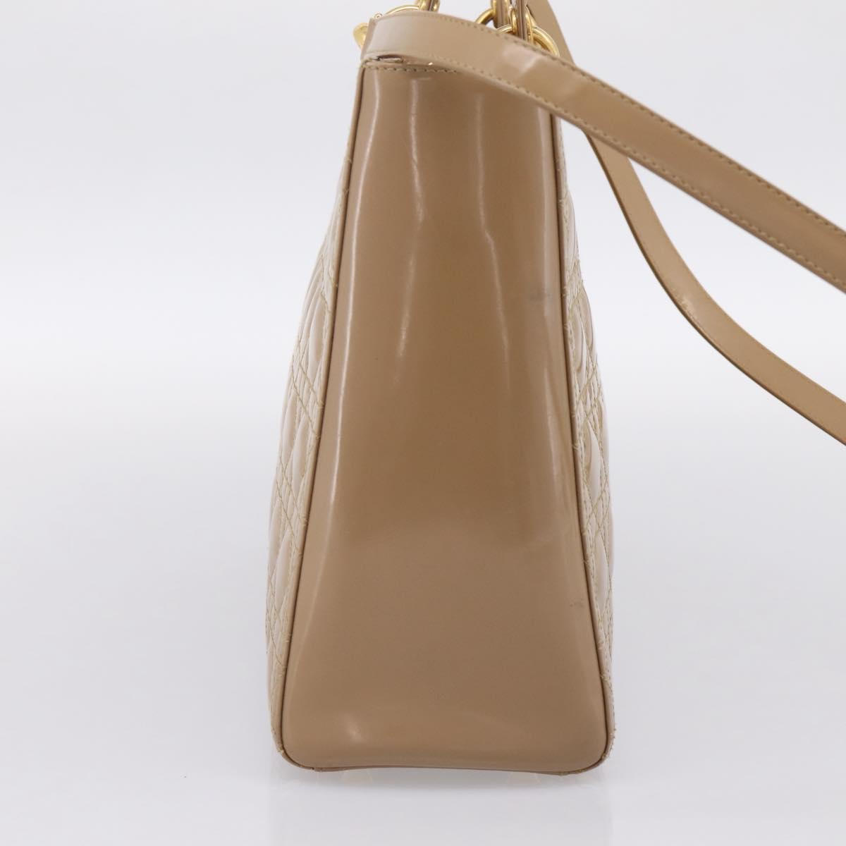 Christian Dior Cannage Lady Dior Large Hand Bag Patent Beige Gold Auth 198677A